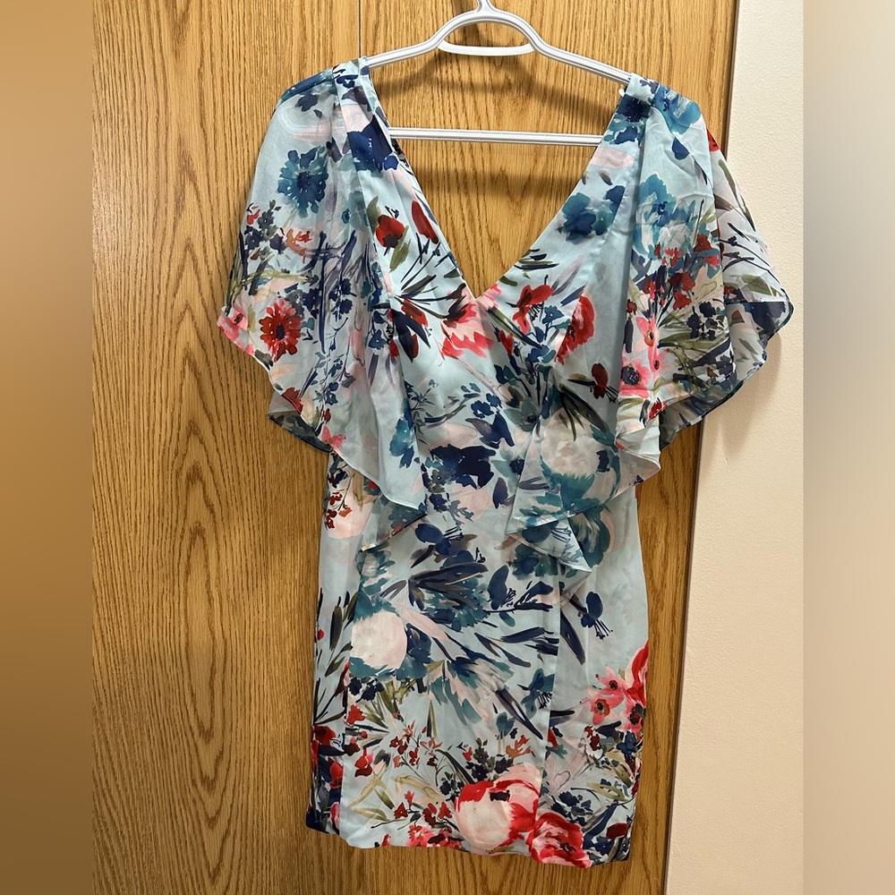 V-neck, midi dress in summer colours. Great for a spring/summer wedding.